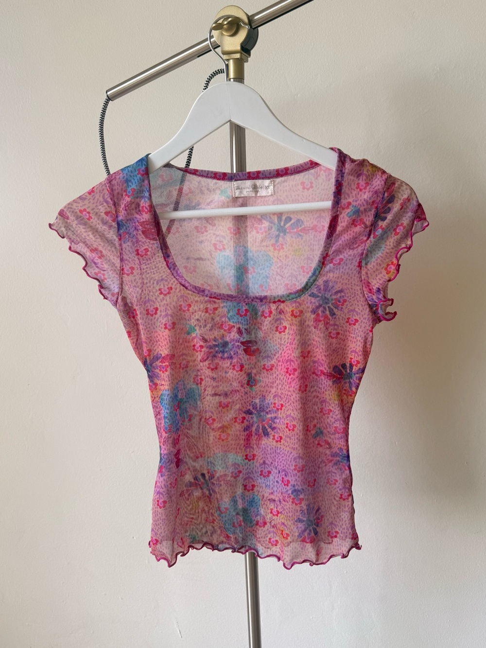 NATURAL LIFE Pink Floral Sheer Mesh Short Sleeve Top